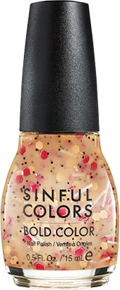 a bottle of beige jelly nail polish with various shaped and colored glitters, giving the impression of pizza
